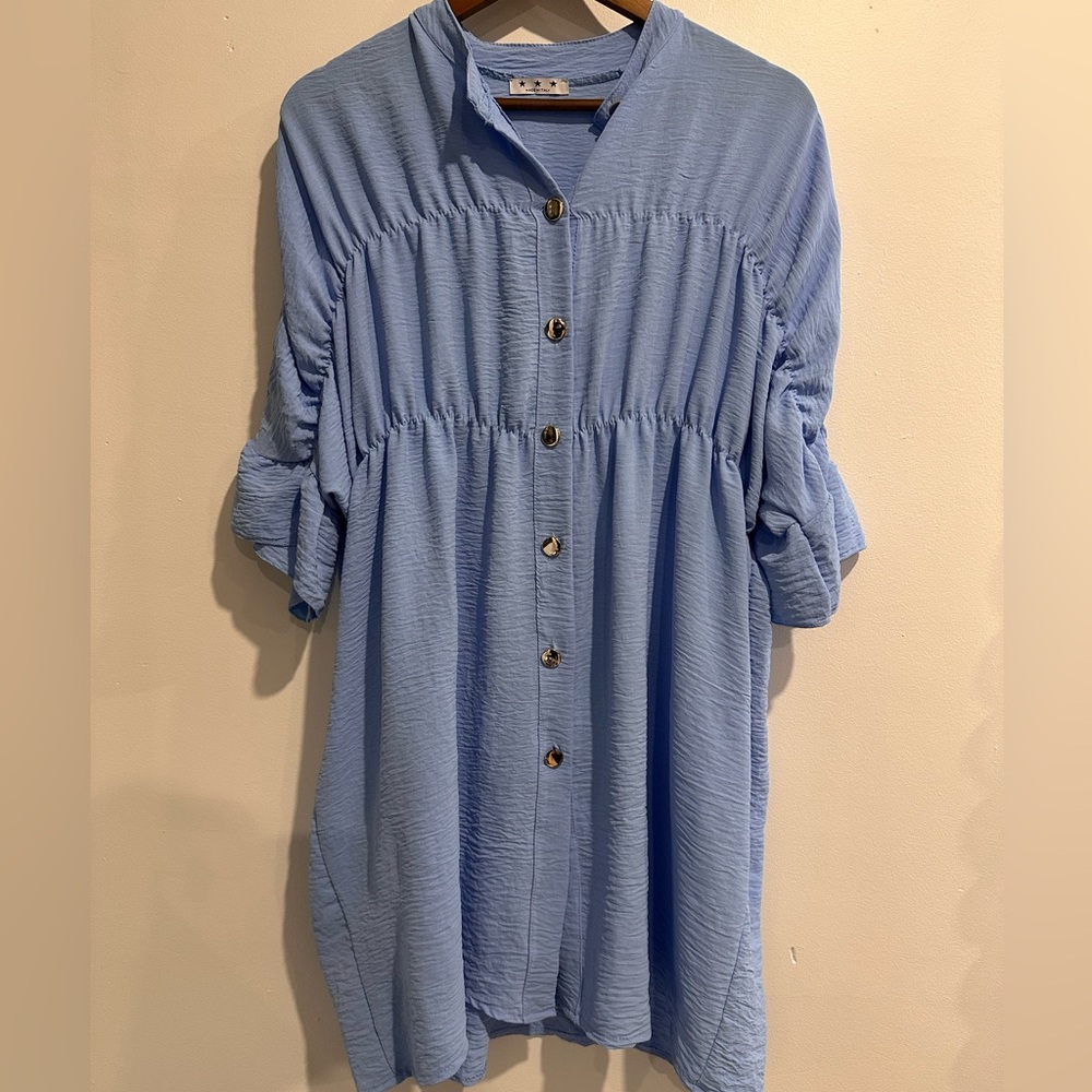 3 STAR Blue Tiered Lightweight Summer Button Up Dress Size M‎